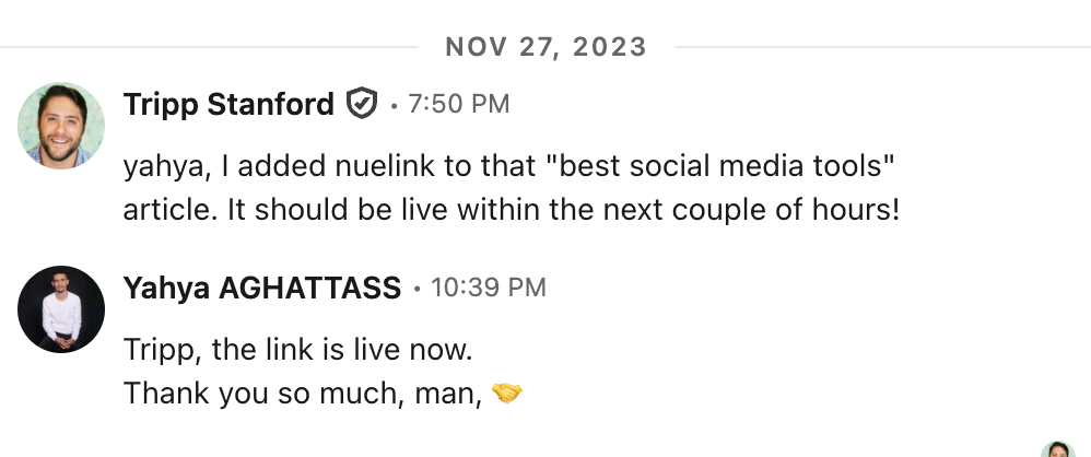 Tripp Stanford confirms that Nuelink has been added to IFTTT’s best social media tools article; Yahya replies that the link is live.